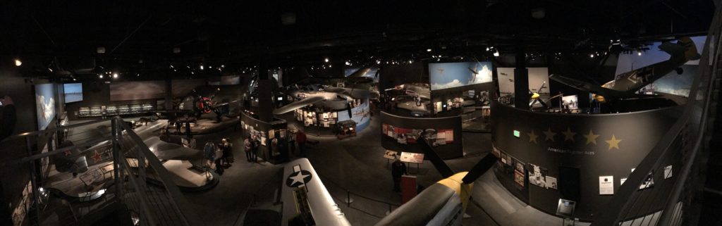 Panoramic photo of a war-era aircraft exhibit at the Museum of Flight in Washington.