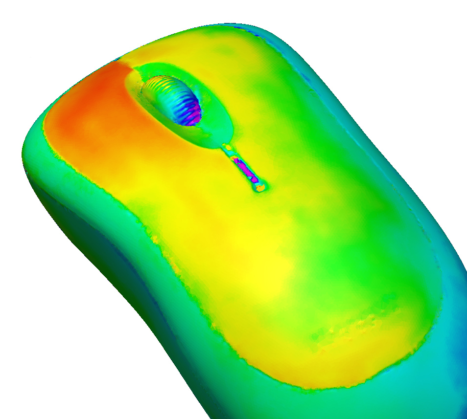 Image of a 3D scan of a used computer mouse showing the deformation due to use and wear over time