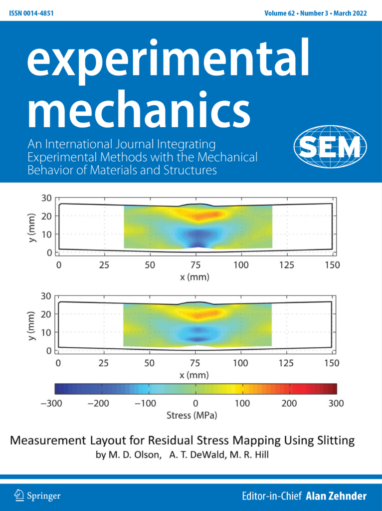 Cover page of Experimental Mechanics magazine with two fringe plots illustrating a 2D map of residual stress on a welded plate.